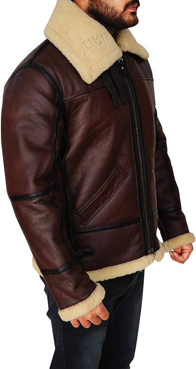 Mens Aviator Flying B3 Real Shearling Sheepskin Leather Bomber Jacket