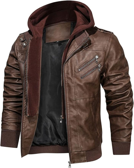 Men’s Casual Stand Collar Genuine Leather Zip-Up Motorcycle Bomber Jacket With Removable Hood