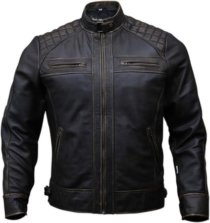 Mens Real Leather Biker Jacket Black | Vintage Brown Distressed Lambskin Motorcycle Racer Premium Coat