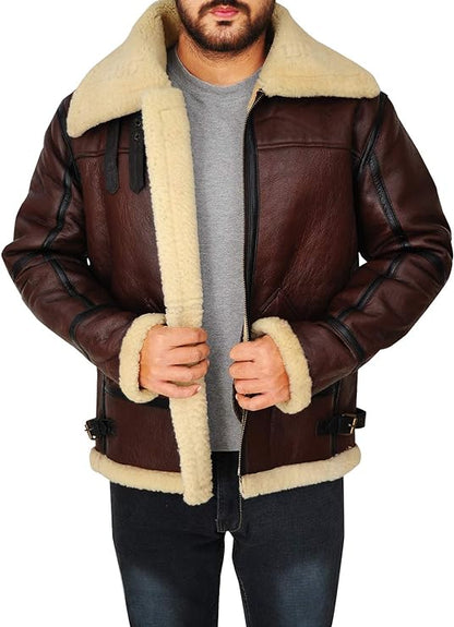 Mens Aviator Flying B3 Real Shearling Sheepskin Leather Bomber Jacket