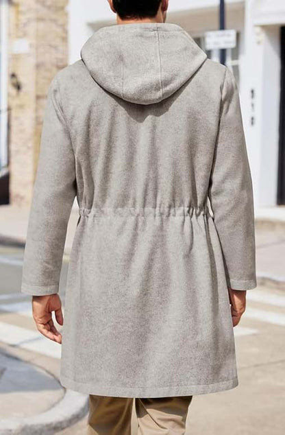 Men's Trench Coat Wool Blend Hoodie Long Jacket Full Zip Winter Classic Business Soft Warm Overcoat