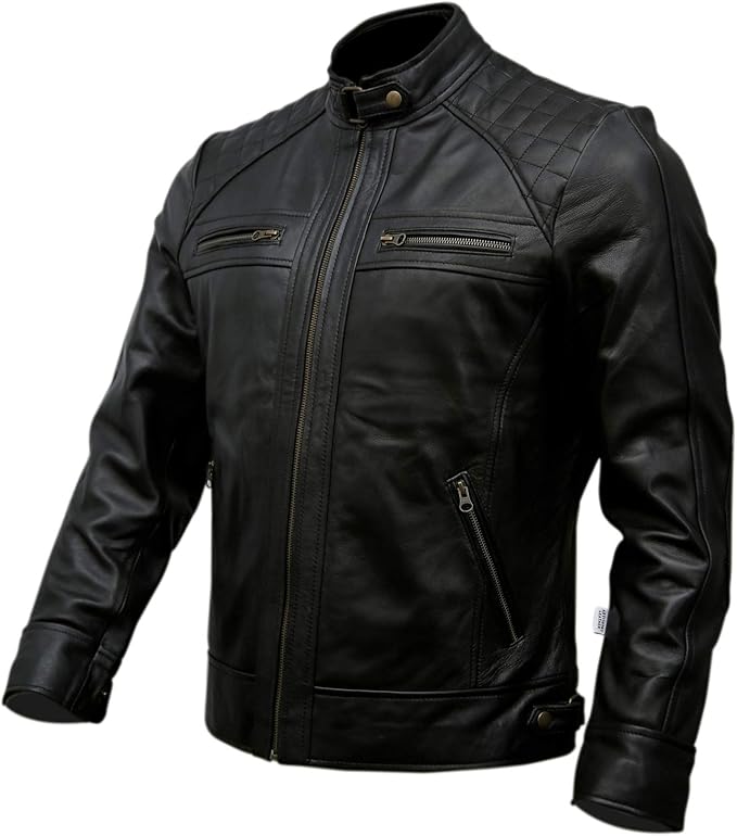 Mens Real Leather Biker Jacket Black | Vintage Brown Distressed Lambskin Motorcycle Racer Premium Coat