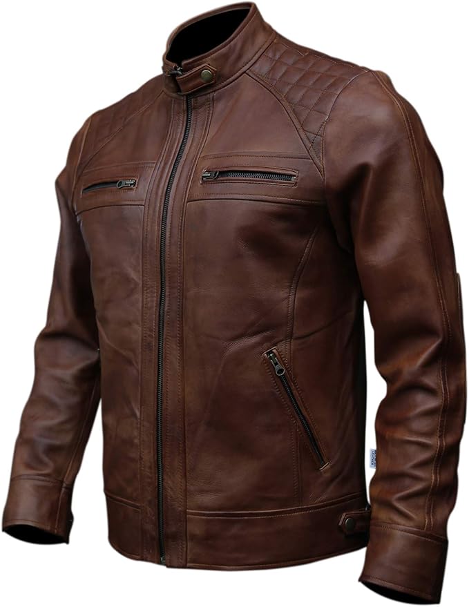 Mens Real Leather Biker Jacket Black | Vintage Brown Distressed Lambskin Motorcycle Racer Premium Coat