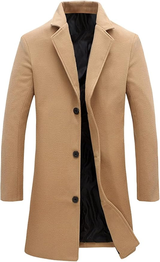 Men's Casual Wool Blend Pea Coat Notched Collar Single Breasted Long Overcoat Warm Winter Trench Coat