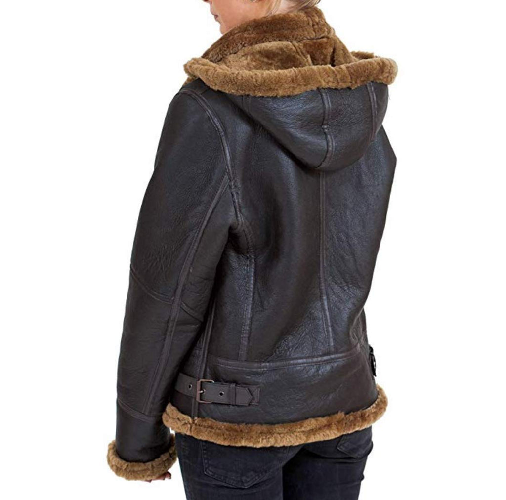 Generic Womens B3 Shearling Sheepskin Flying Hood Soft Brown Wool Leather Jacket