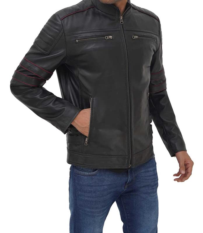 ZA Fashion Cloud Men Real Biker Leather Lambskin Cafe Racer Black Jacket