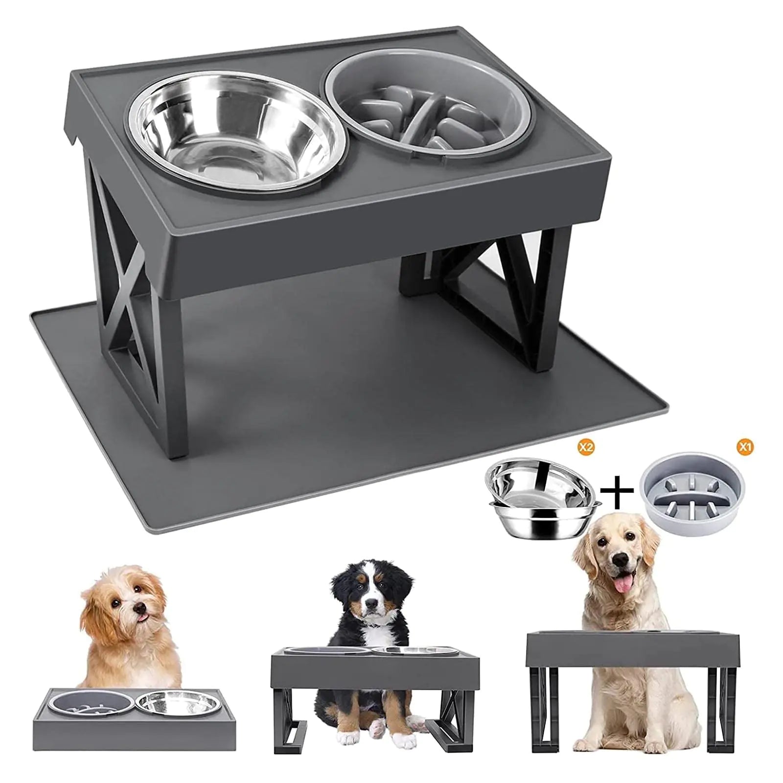 MADDEMCUTE Elevated Dog Bowl Stand: 3 Adjustable Heights with Slow Feeder & Silicone Mat