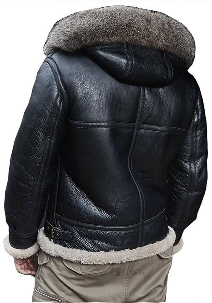 ZA Fashion Cloud Mens B3 Bomber Sheepskin Shearling Jacket Detachable Hooded Flight Raccoon Fur Collar Aviator Coat