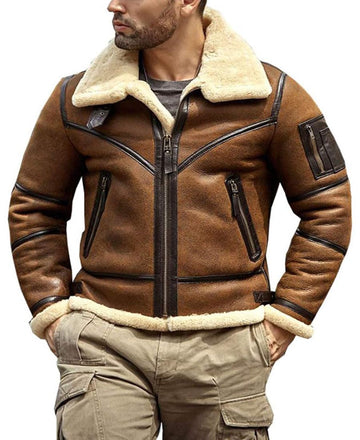 ZA Fashion Cloud Mens Shearling B3 Bomber Flight Fur Sheepskin Aviator Winter Coat leather Jacket