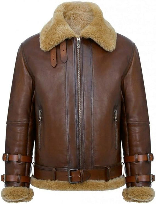 Men's Real Shearling Sheepskin Leather Pilot Aviator B3 Bomber Flying Jacket