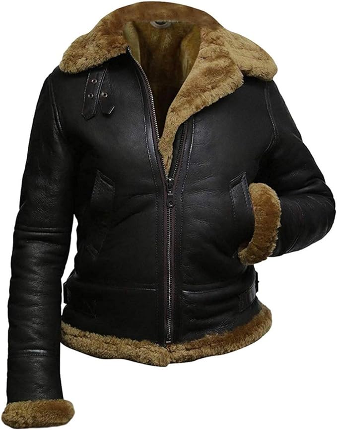 B3 Fur Women Genuine Leather Aviator Flight Real Shearling Bomber Jacket Hoodie Black