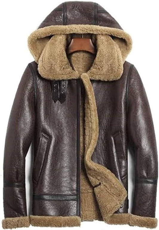 Men Real Leather Sheepskin Raccoon Fur Detachable Hood Winter Jacket