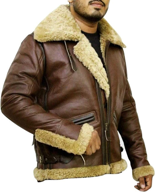 Men's Aviator B-6 Sheepskin Stylish Fur Shearling Bomber Flying Leather Jacket