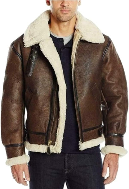 Men's Brown B3 Shearling Sheepskin WW 2 Bomber Leather Flying Aviator Jacket