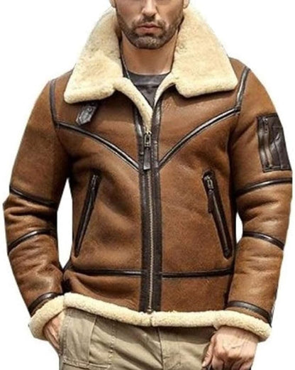 Mens Shearling B3 Flight Sheepskin Aviator Winter Coat Fur Bomber Leather Jacket