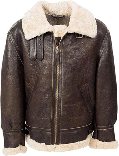 B3 Distressed Genuine Flight Aviator Bomber Shearling Sheepskin Leather Jacket