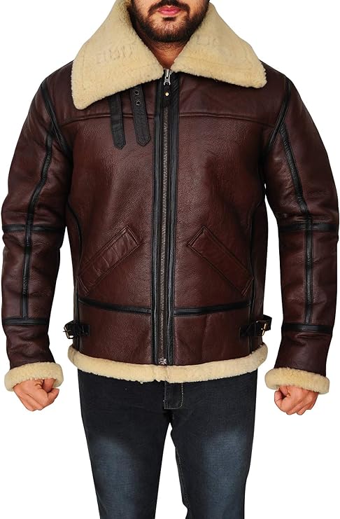 Mens Aviator Flying B3 Real Shearling Sheepskin Leather Bomber Jacket