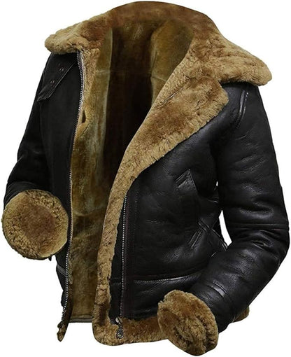 B3 Fur Women Genuine Leather Aviator Flight Real Shearling Bomber Jacket Hoodie Black