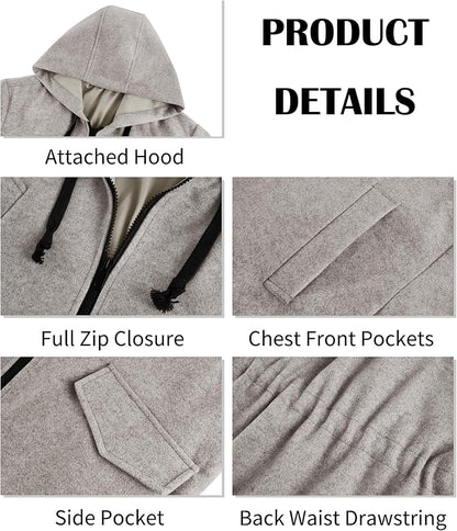 Men's Trench Coat Wool Blend Hoodie Long Jacket Full Zip Winter Classic Business Soft Warm Overcoat