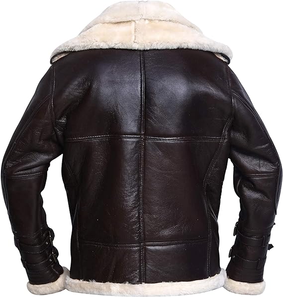 Mens B3 Bomber WW2 Avaitor RAF Real Shearling Brown Sheepskin Double Collar Jacket