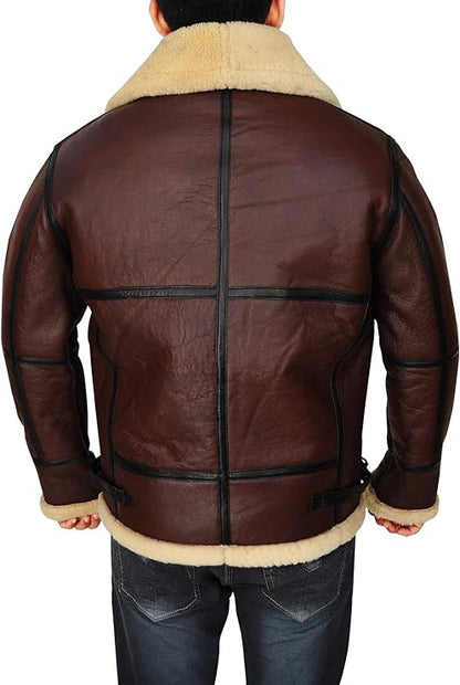 Mens Aviator Flying B3 Real Shearling Sheepskin Leather Bomber Jacket