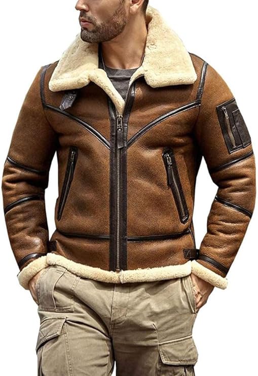 Mens Shearling B3 Flight Sheepskin Aviator Winter Coat Fur Bomber Leather Jacket