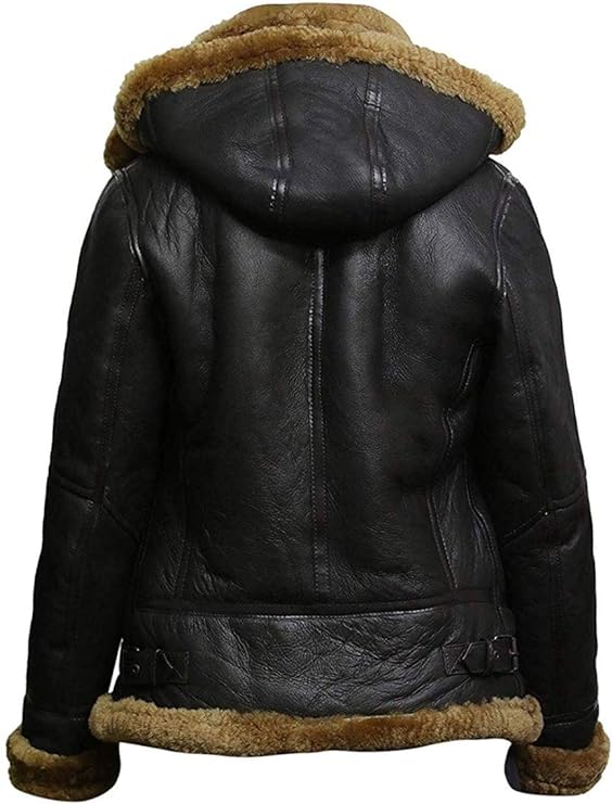 B3 Fur Women Genuine Leather Aviator Flight Real Shearling Bomber Jacket Hoodie Black