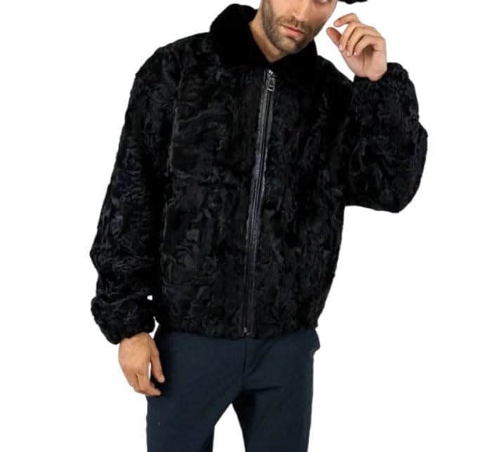 ZA Fashion Cloud Men's Sheepskin Black Karakul Persian Jacket Pure Real Fur Mink Collar Zipper Coat