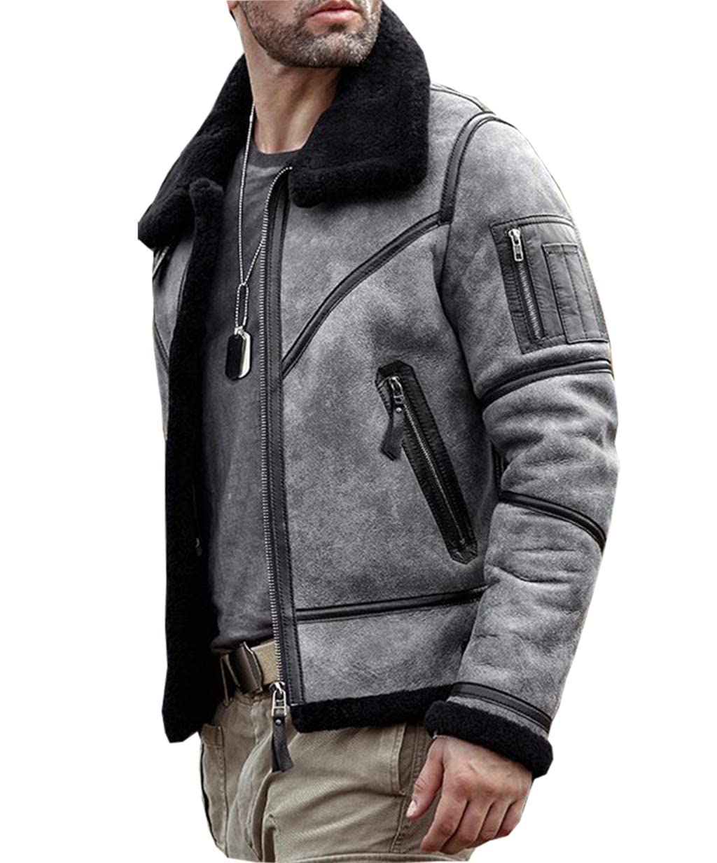 ZA Fashion Cloud B3 Distressed Sheepskin Shearling Flying Aviator Leather Bomber Fur Jacket