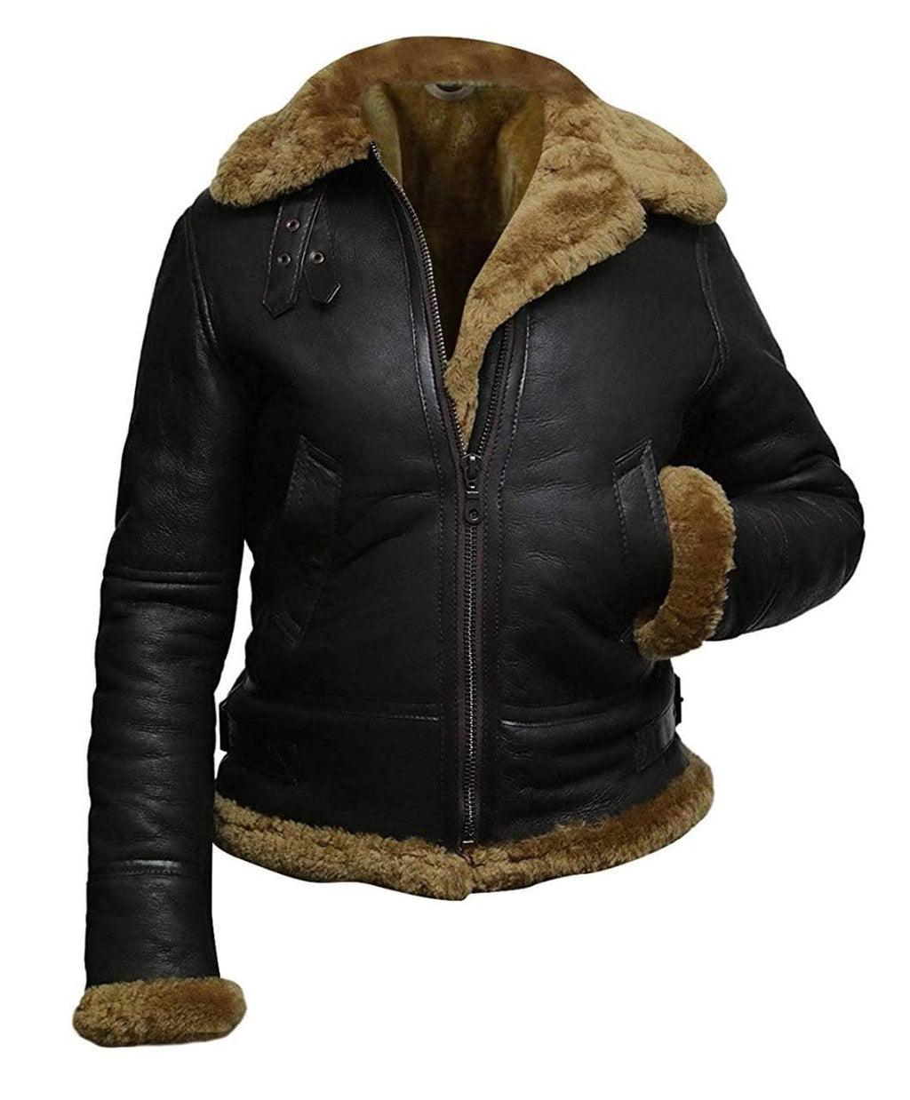 B3 Fur Women Genuine Leather Aviator Flight Real Shearling Bomber Jacket Hoodie Black