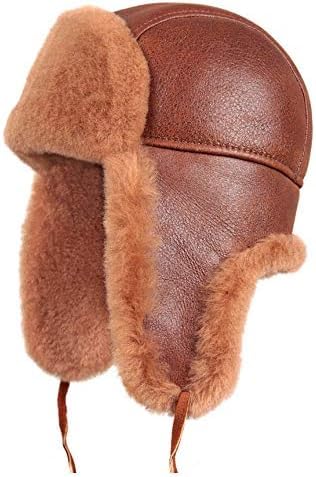 Shearling Sheepskin Leather Aviator Russian Ushanka Winter Fur Hat (3XL) Brown