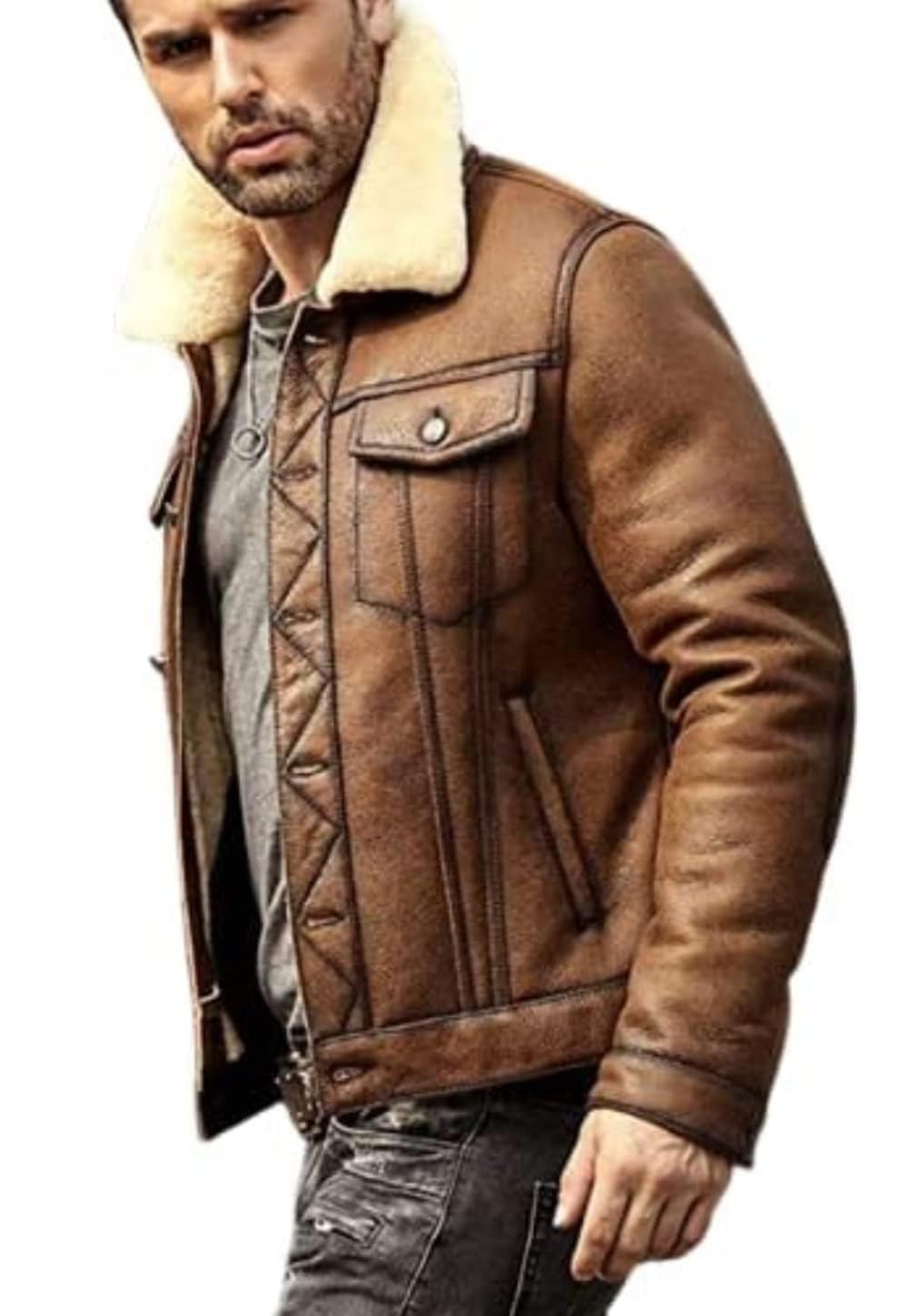 ZA Fashion Cloud Mens Genuine Sheepskin Shearling B3 Flight Aviator Winter Coat Fur Bomber Leather Jacket