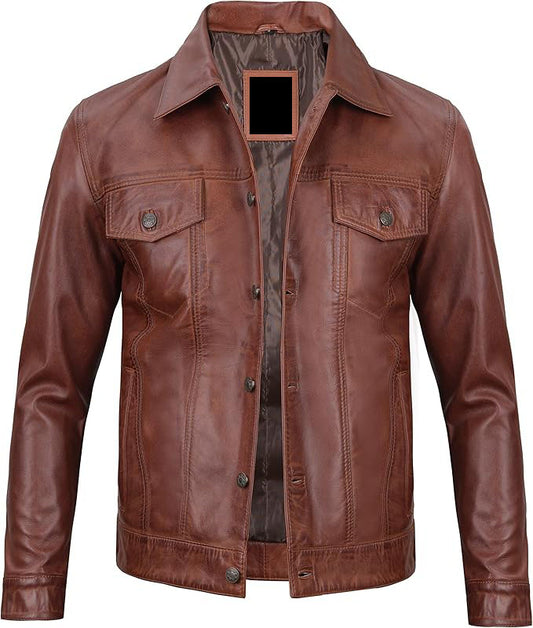 Men's Brown Lambskin Slim Fit Leather Motorcycle Genuine Biker Jacket with Stand Collar Outwear Classic Coat