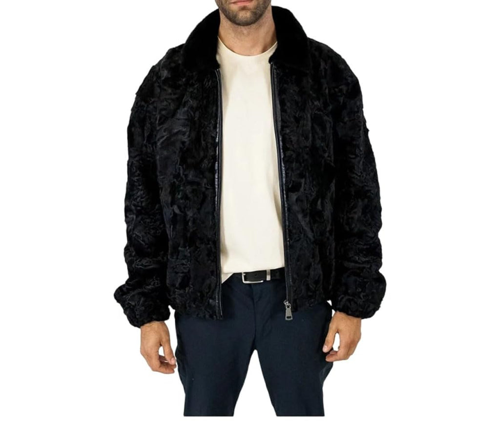 ZA Fashion Cloud Men's Sheepskin Black Karakul Persian Jacket Pure Real Fur Mink Collar Zipper Coat