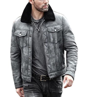 ZA Fashion Cloud New Men B3 Sheepskin Shearling Aviator Fur Pilot Bomber Leather Jacket