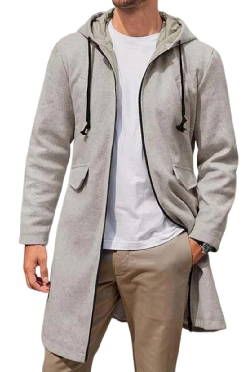 ZA Fashion Cloud Men's Trench Coat Wool Blend Jacket Full Zip Winter Classic Business Soft Warm Hoodie Long Grey Overcoat