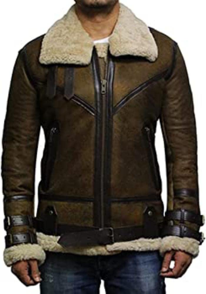 ZA Fashion Cloud Mens Real RAF Shearling Sheepskin B3 Bomber Flying Pilot Aviator Leather Jacket Winter Coat