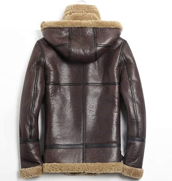 ZA Fashion Cloud Men’s Detachable Shearling Sheepskin Hood B3 Bomber Flight Leather Winter Jacket
