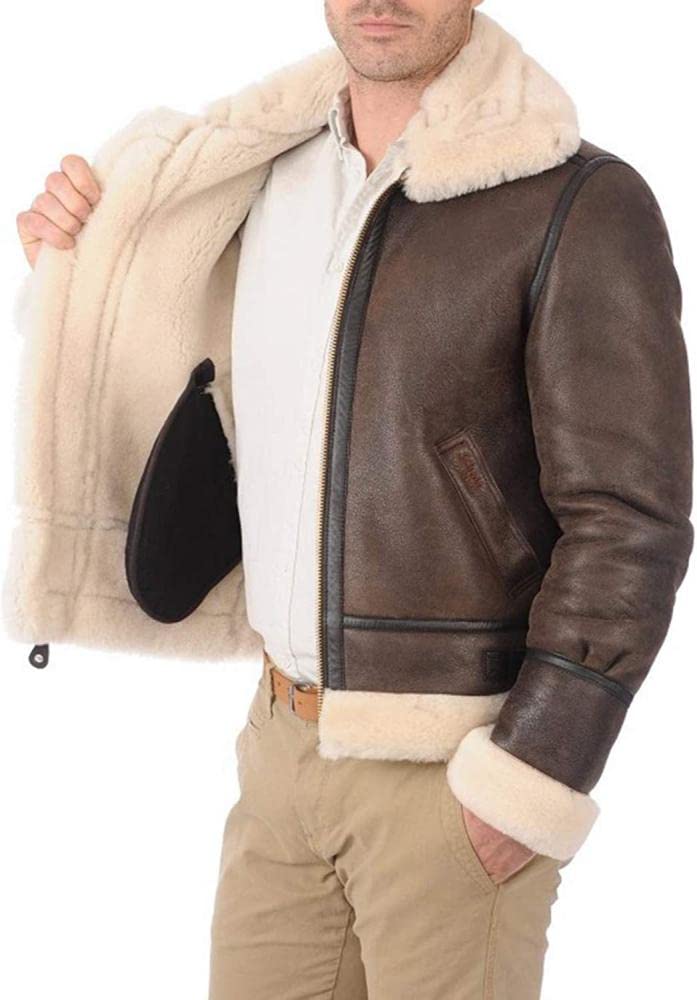 B3 RAF Real Fur Bomber Leather Aviator Flight Sheepskin Shearling Jacket