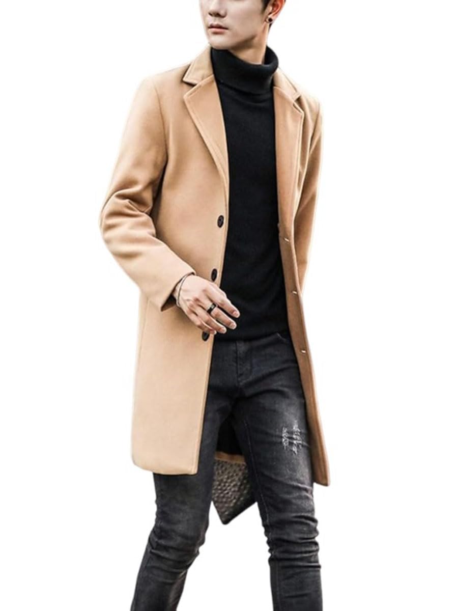 ZA Fashion Cloud Men's Pea Coat Casual Wool Blend Notched Collar Single Breasted Long Warm Winter Trench Brown Overcoat