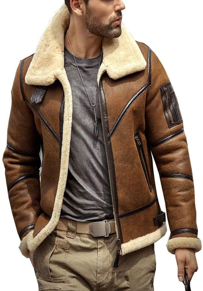 Mens Shearling Jacket B3 Flight Sheepskin Aviator Winter Coat Fur Bomber Leather Jacket (5XL)