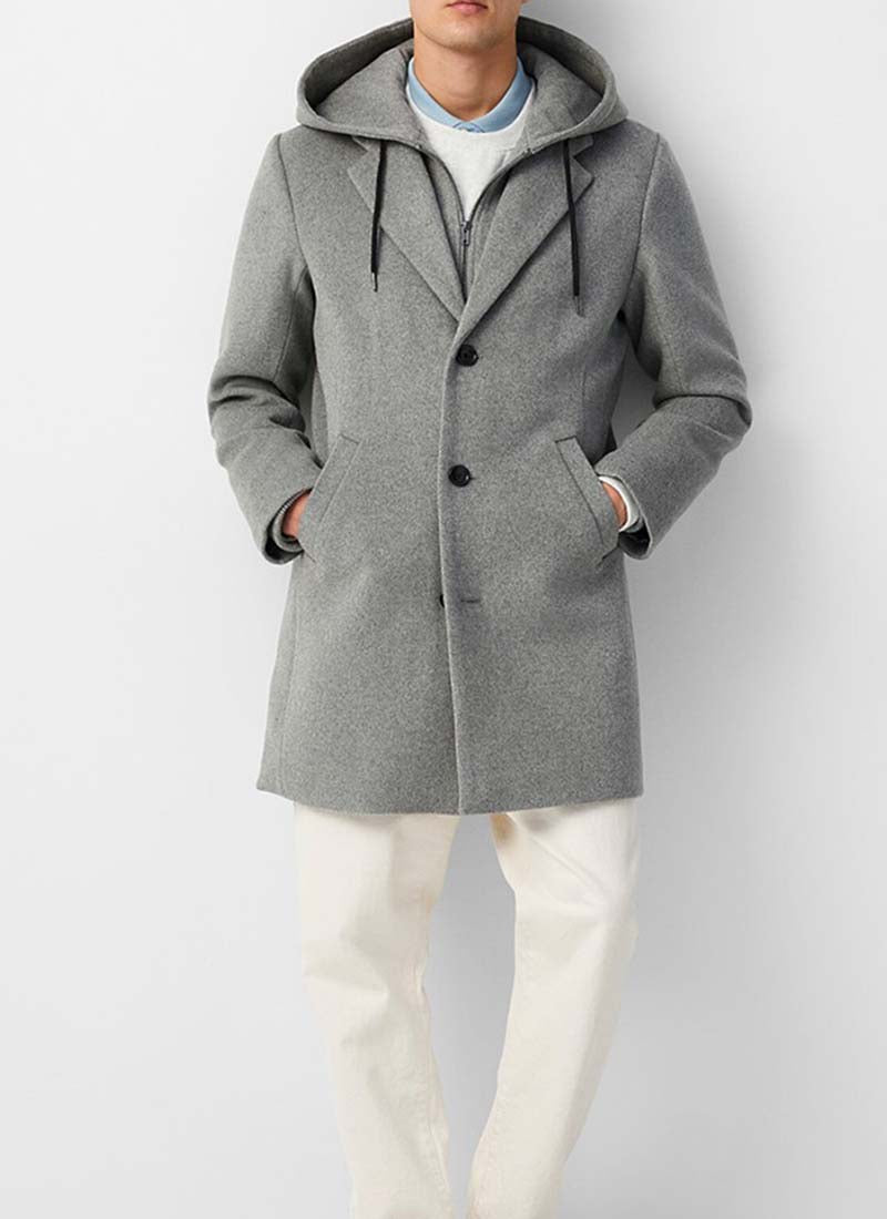 Men's Chic style Single Breasted Urban Grey Casual Wool Blend Warm with Removable Hood Coat