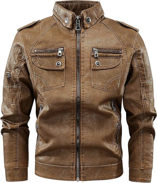 Men's Brown & Black Slim Fit Leather Motorcycle Genuine Lambskin Biker Riding Jacket with Stand Collar Multiple Pockets