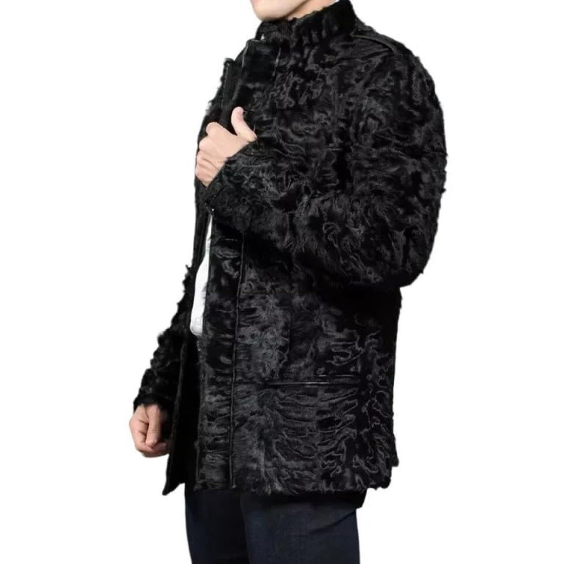 ZA Fashion Cloud Men's Genuine Persian Lamb Fur Jacket Mink Collar Karakul Winter Black Elegant Coat