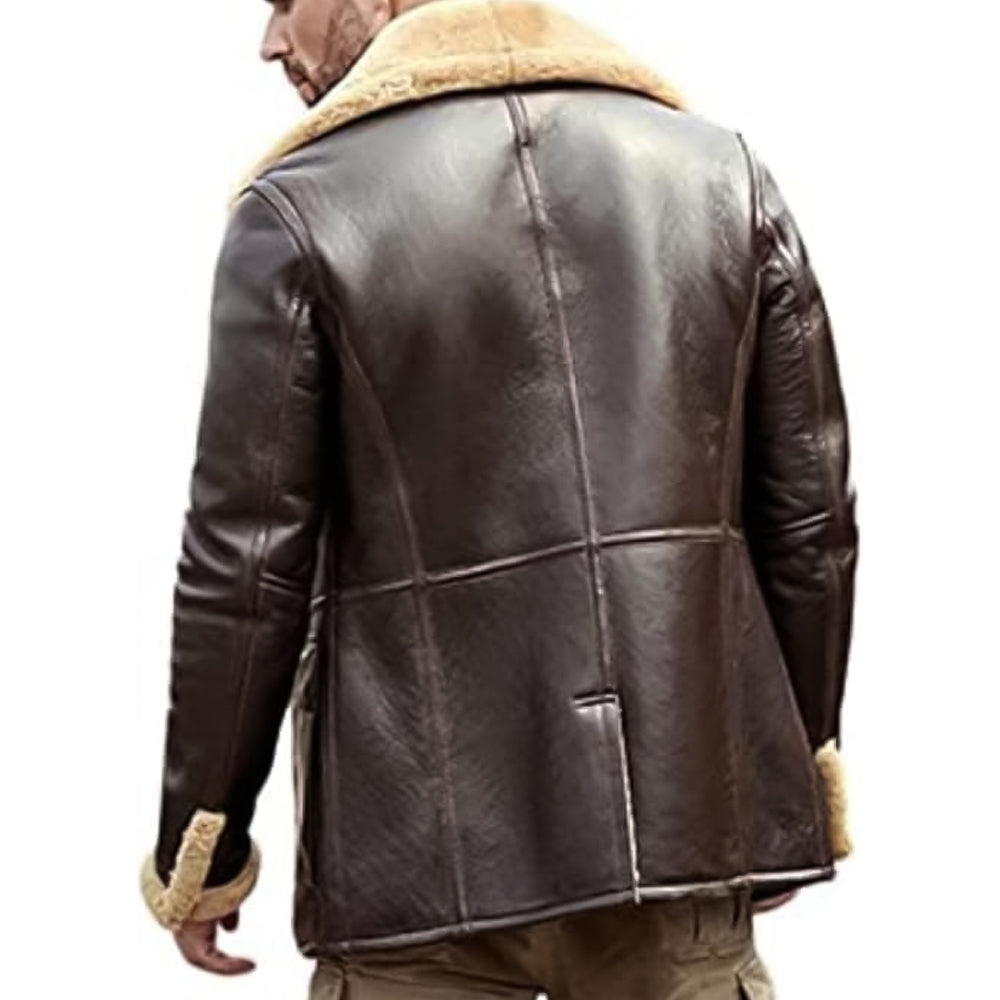 ZA Fashion Cloud Men's B3 Genuine Leather Ginger Brown Aviator Coat Real Shearling Bomber Pilot Style Fur Jacket