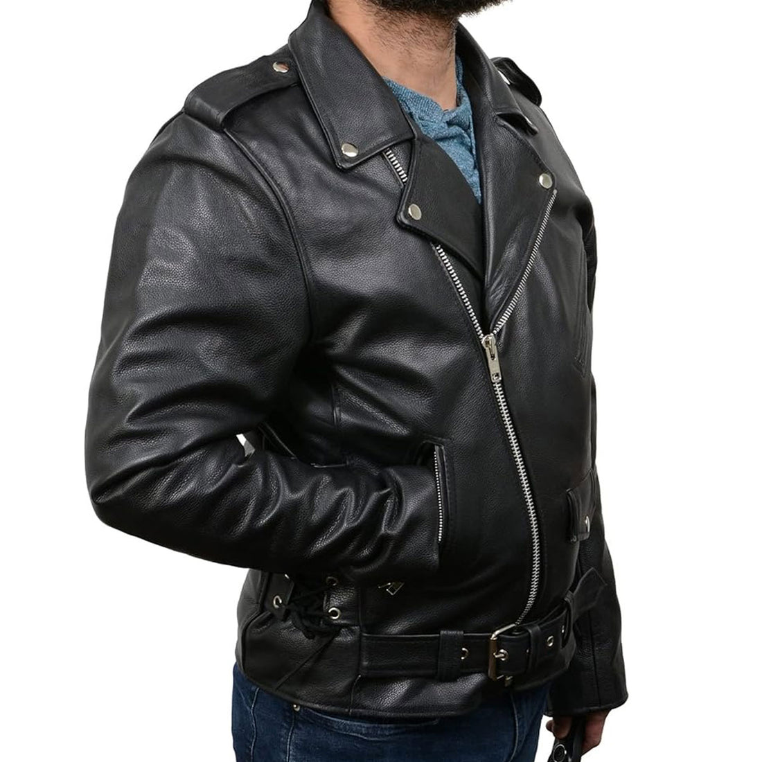 Men's Classic Brando Premium Leather Black Motorcycle Riders Leather Jacket w/Side Laces