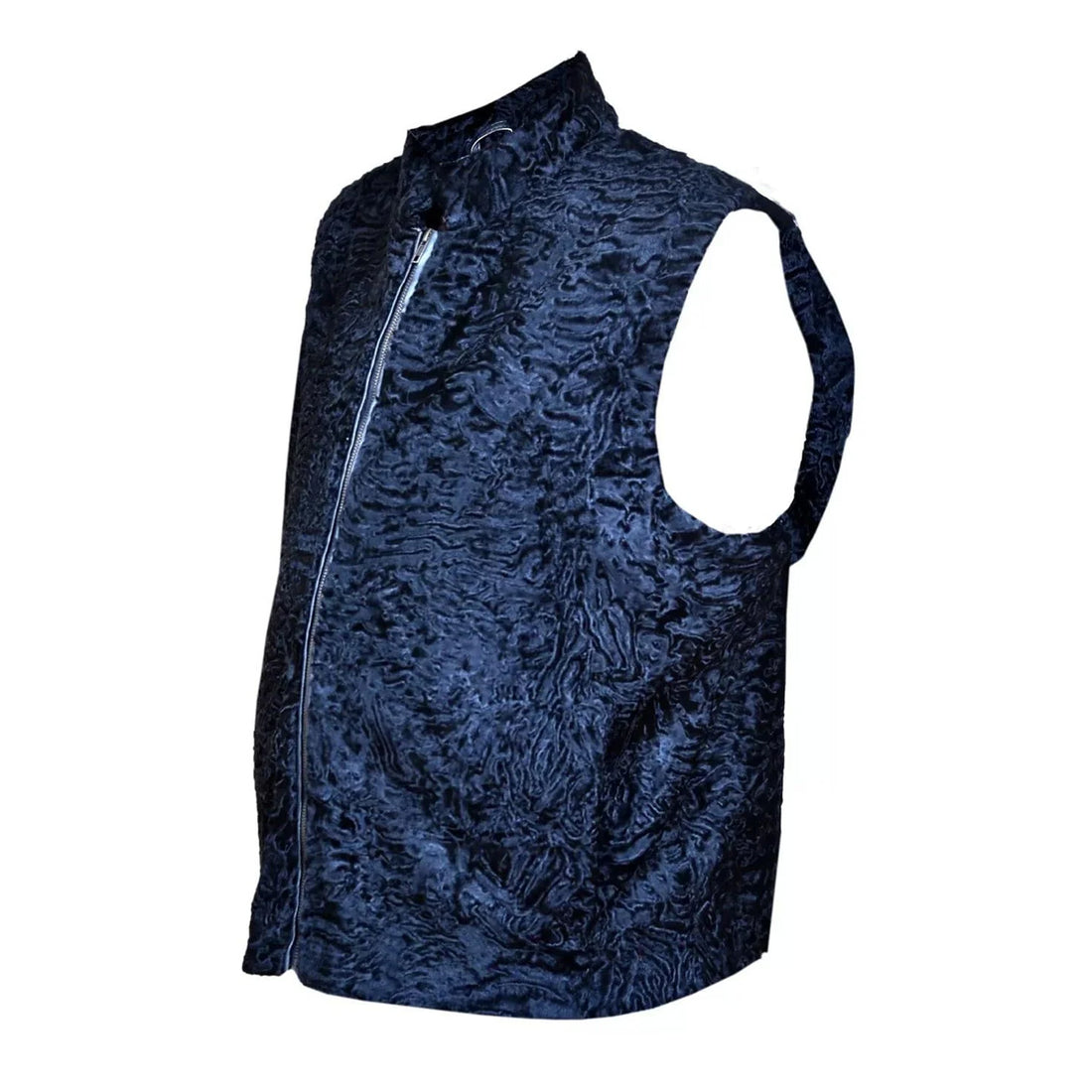 ZA Fashion Cloud Men's Persian Vest Lamb Fur Karakul Sleeveless Zipper Closer Black Winter Waistcoat Jacket