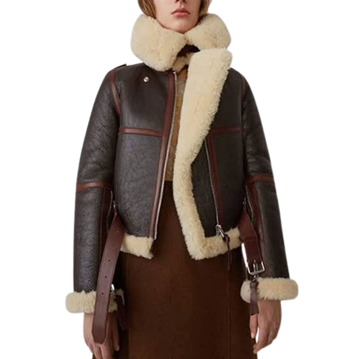 ZA Fashion Cloud Women B3 Sheepskin Aviator Flight Fur Shearling Short Bomber Jacket