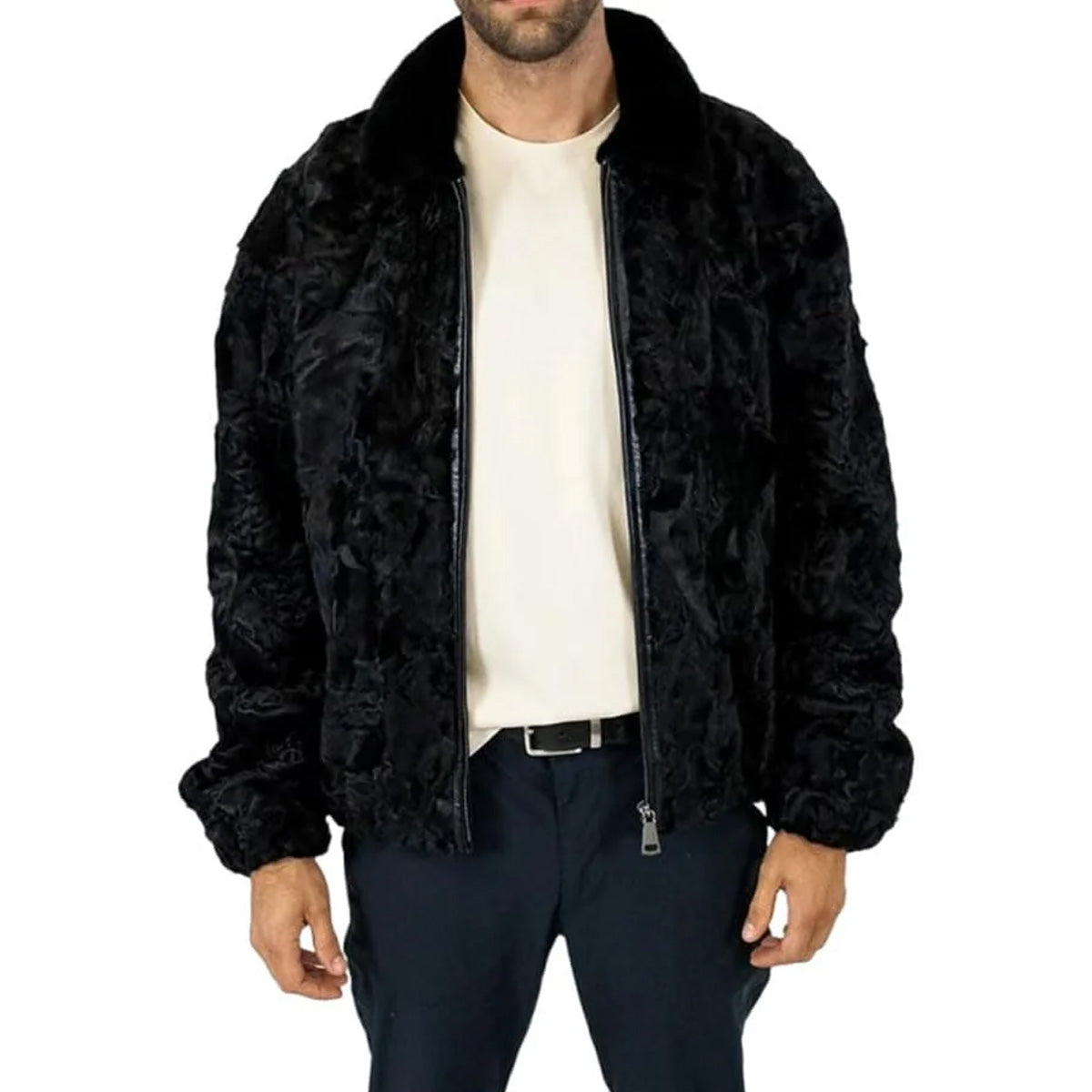 ZA Fashion Cloud Men's Sheepskin Black Karakul Persian Jacket Pure Real Fur Mink Collar Zipper Coat