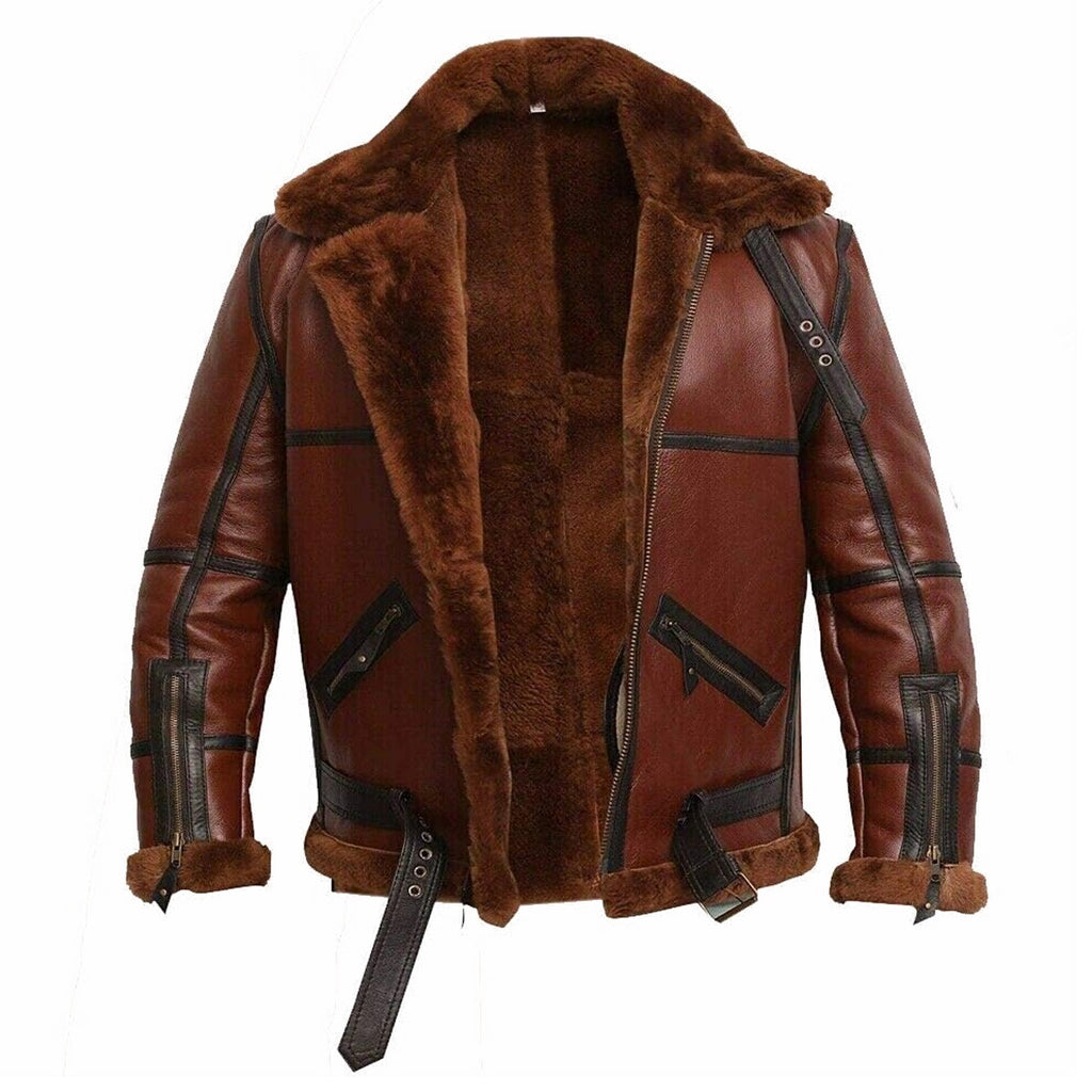 ZA Fashion Cloud Men's Genuine B3 Flying RAF Shearling Sheepskin Real Fur Coat Leather Jacket